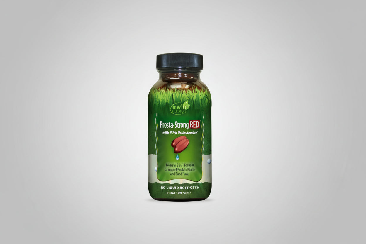 Supplement bottle labeled 'Prosta-Strong RED' by Irwin Naturals on a white background