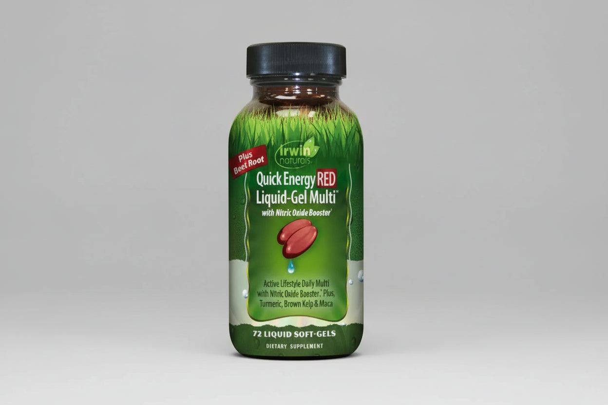 Irwin Naturals Quick Energy RED Liquid-Gel Multi supplement bottle on a white background