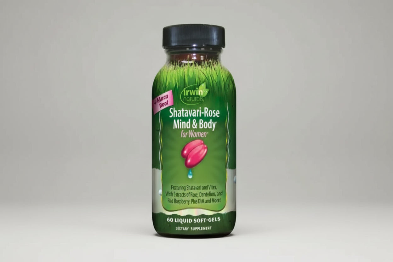 Supplement bottle labeled 'Shatavari-Rose Mind & Body for Women' by Irwin Naturals on a white background