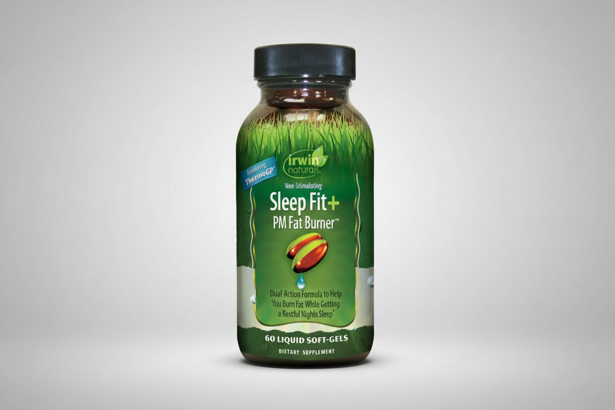 Irwin Naturals Sleep Fit+ PM Fat Burner supplement bottle on a white background
