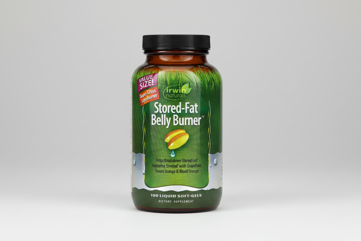Supplement bottle labeled 'Stored-Fat Belly Burner' by Irwin Naturals on a white background