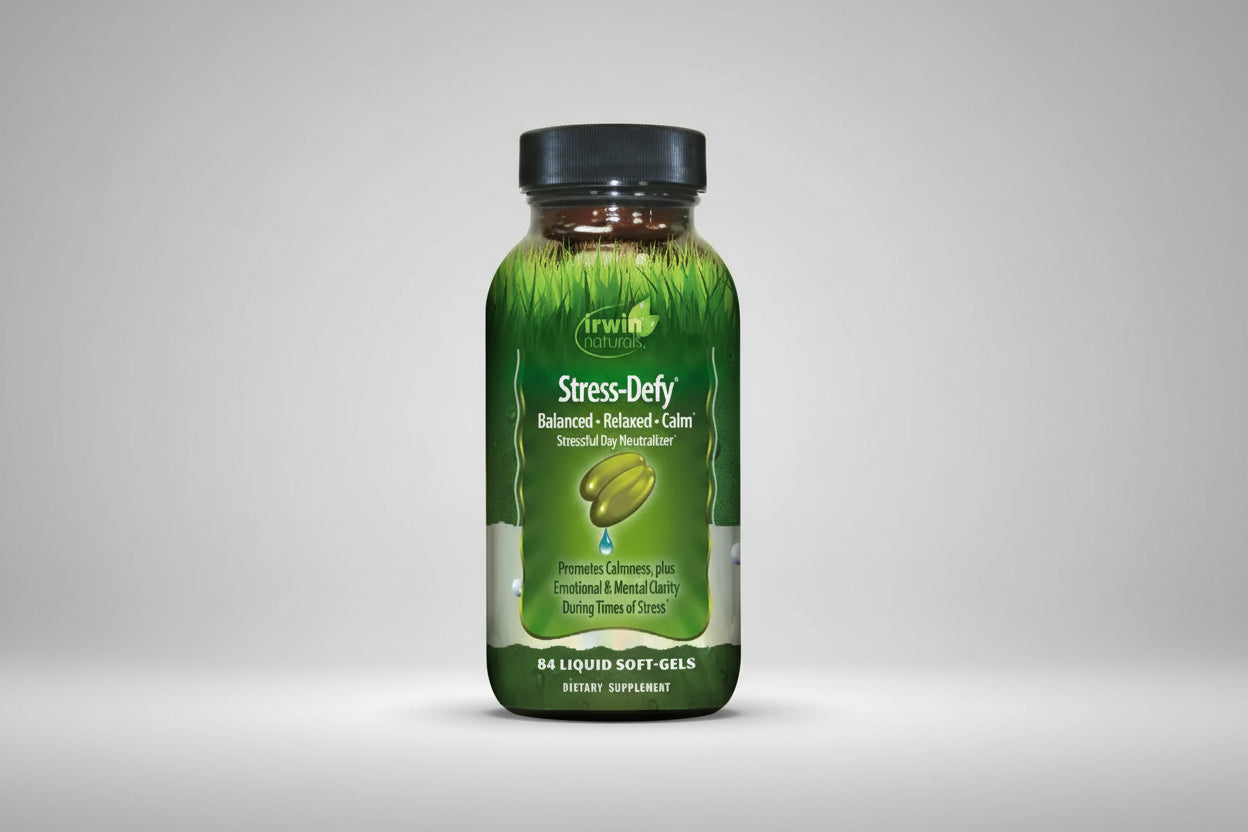 Irwin Naturals Stress-Defy supplement bottle on a white background