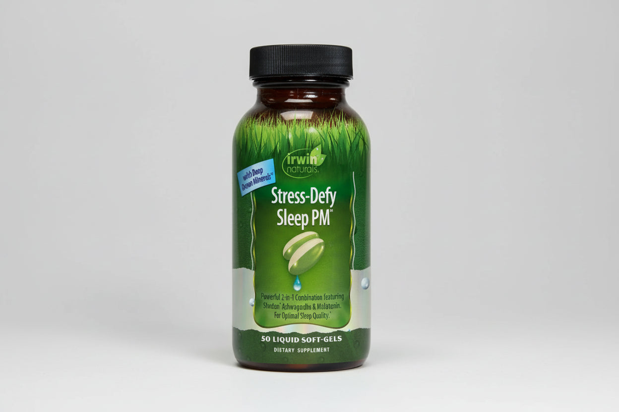 Bottle of Irwin Naturals Stress-Defy Sleep PM supplement on a white background