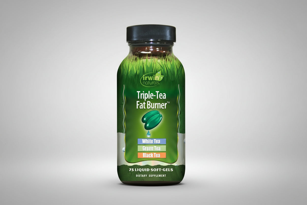 Irwin Naturals Triple-Tea Fat Burner supplement bottle on a white background