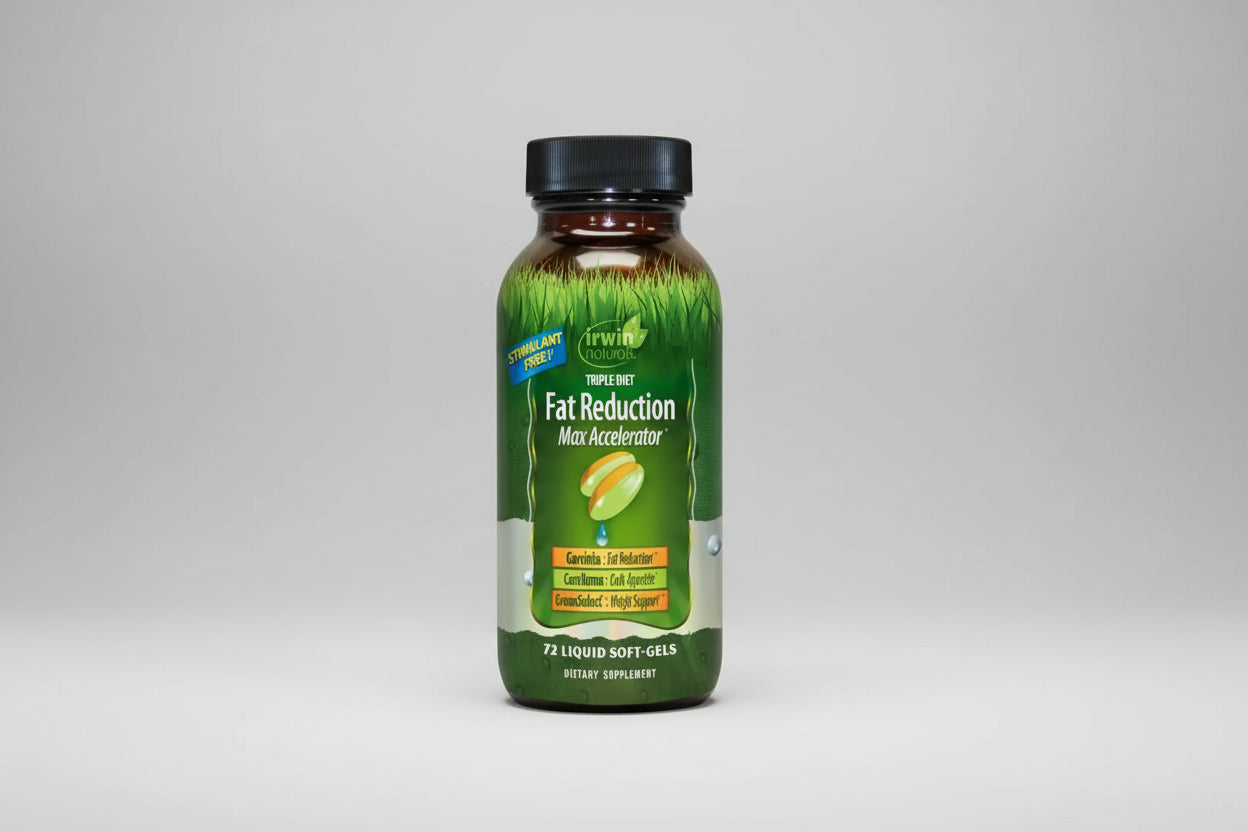 Supplement bottle labeled 'Fat Reduction Max Accelerator' by Irwin Naturals on a white background