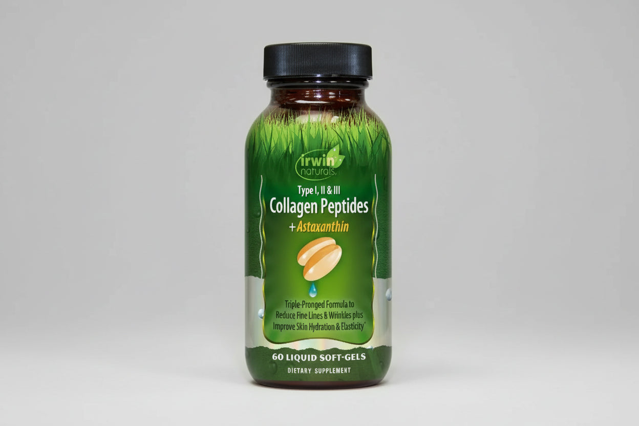 Irwin Naturals Collagen Peptides + Astaxanthin supplement bottle on a white background