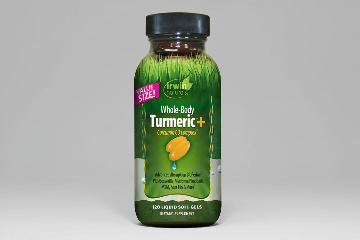 Irwin Naturals Whole-Body Turmeric+ dietary supplement bottle on a white background