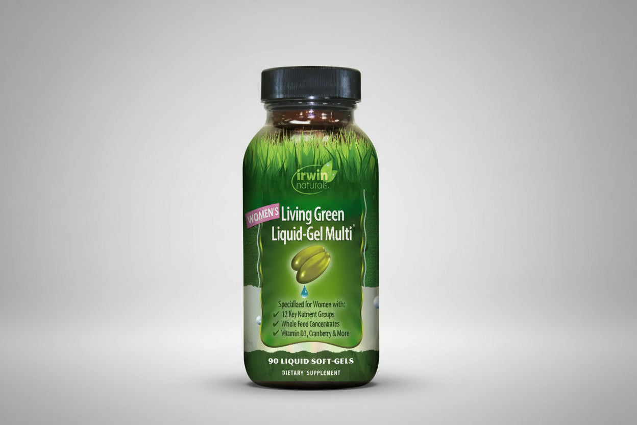 Irwin Naturals Women's Living Green Liquid-Gel Multi supplement bottle on a white background