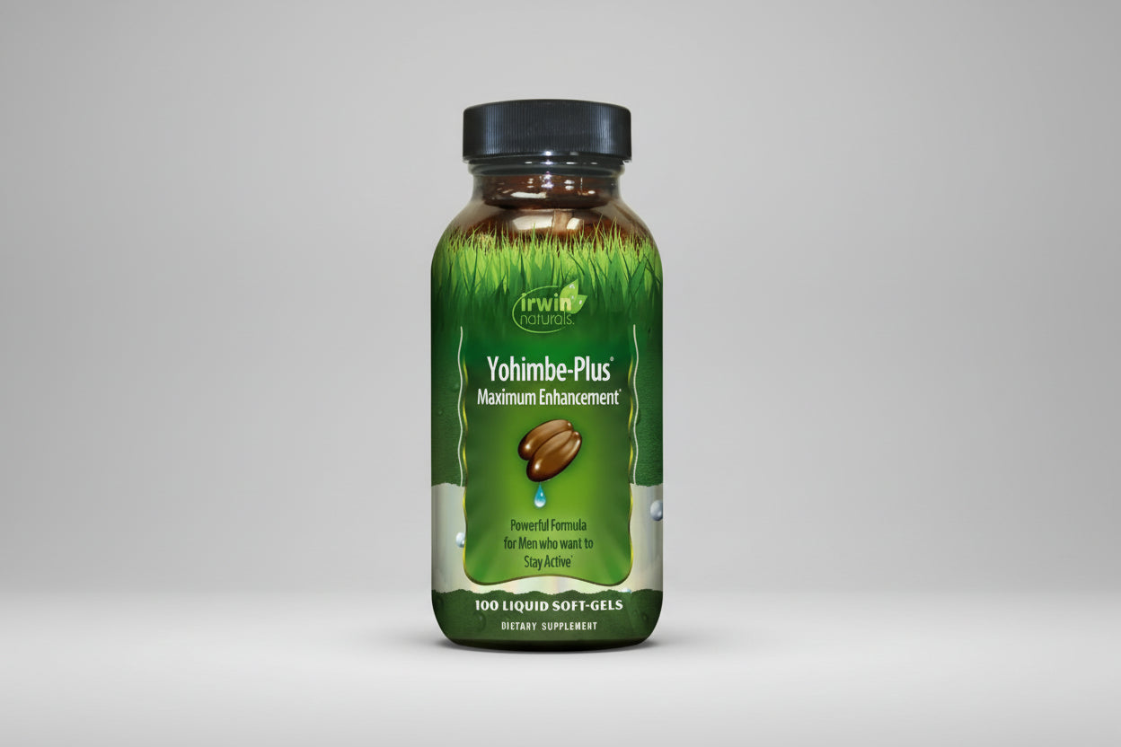 Supplement bottle labeled 'Yohimbe-Plus Maximum Enhancement' by Irwin Naturals on a white background.