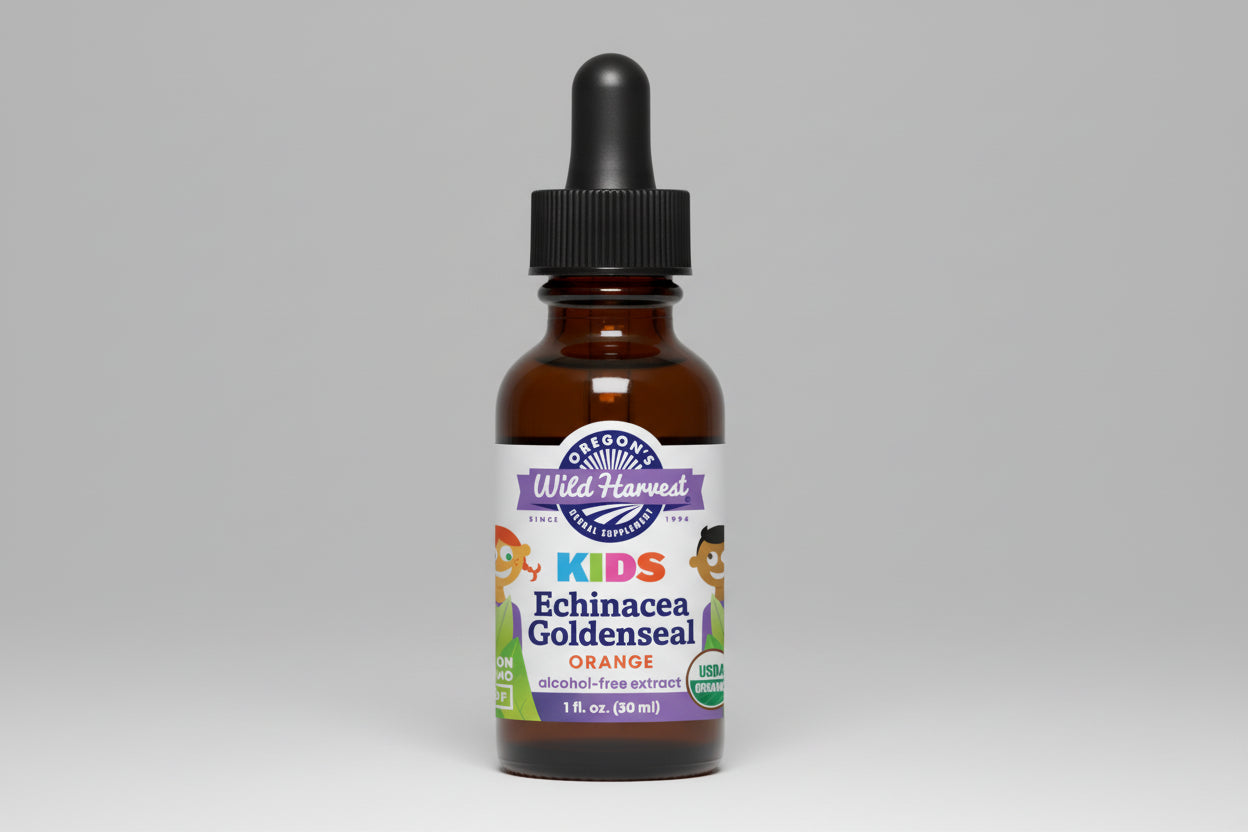 Bottle of Oregon's Wild Harvest Kids Echinacea Goldenseal extract on a white background
