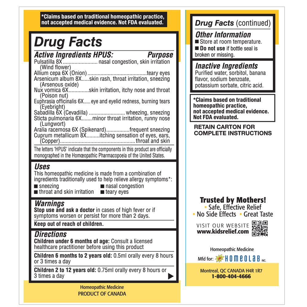 Kids Relief Allergy Oral Liquid — 0.85 fl oz — manufacturer label