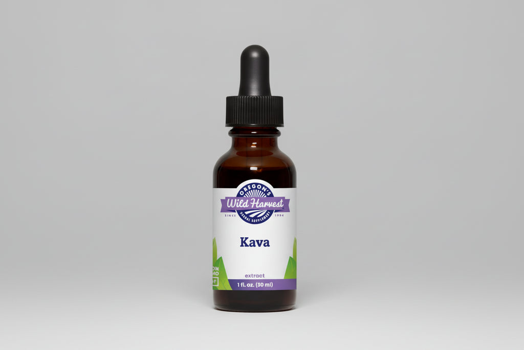 Bottle of Oregon's Wild Harvest Kava extract on a white background