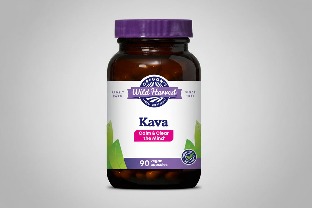 Bottle of Oregon's Wild Harvest Kava capsules with a purple cap and white label.