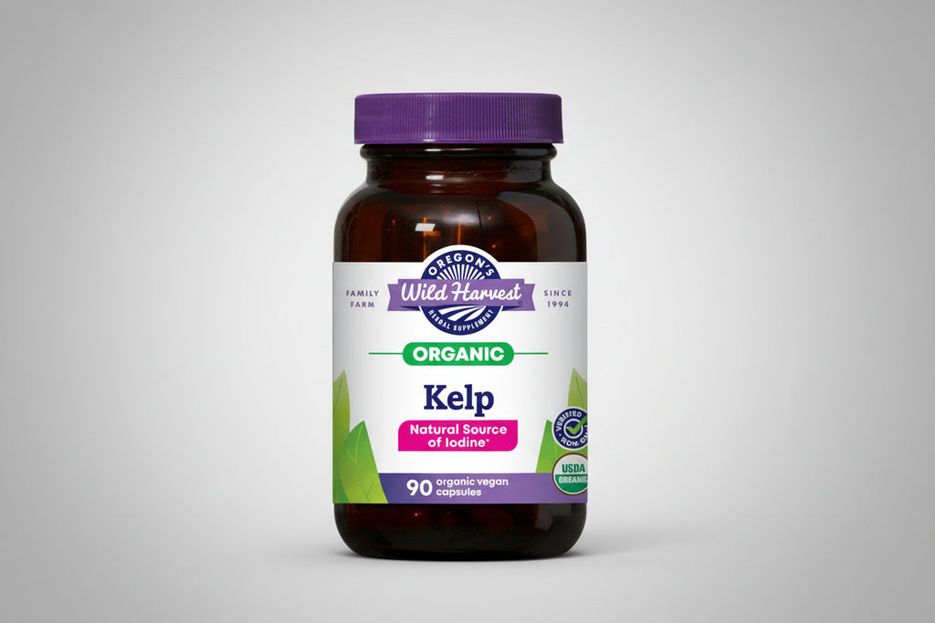 Oregon's Wild Harvest Organic Kelp supplement bottle with purple cap