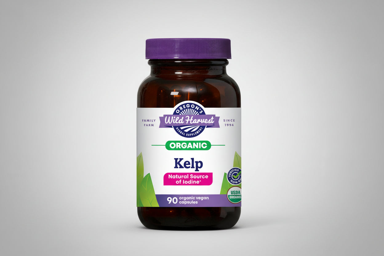 Oregon's Wild Harvest Organic Kelp supplement bottle with purple cap