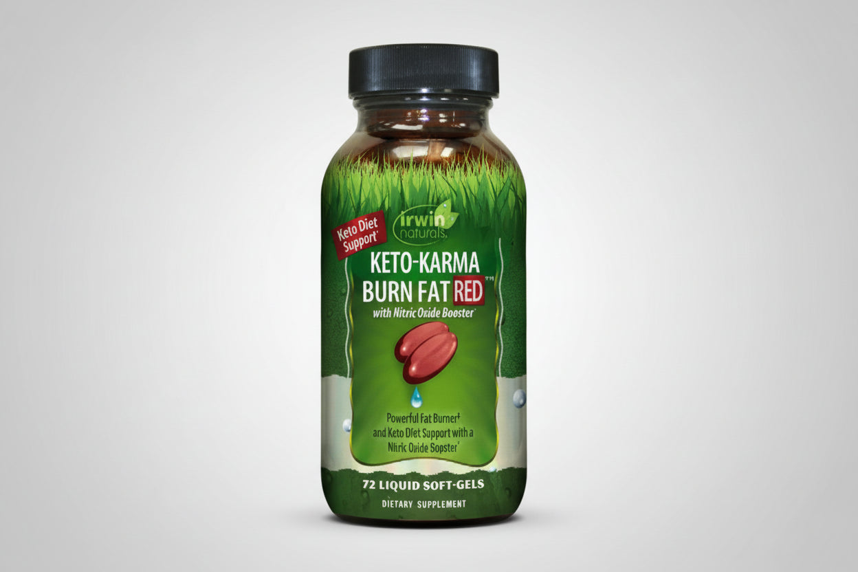 Supplement bottle labeled 'Keto-Karma Burn Fat RED' on a white background