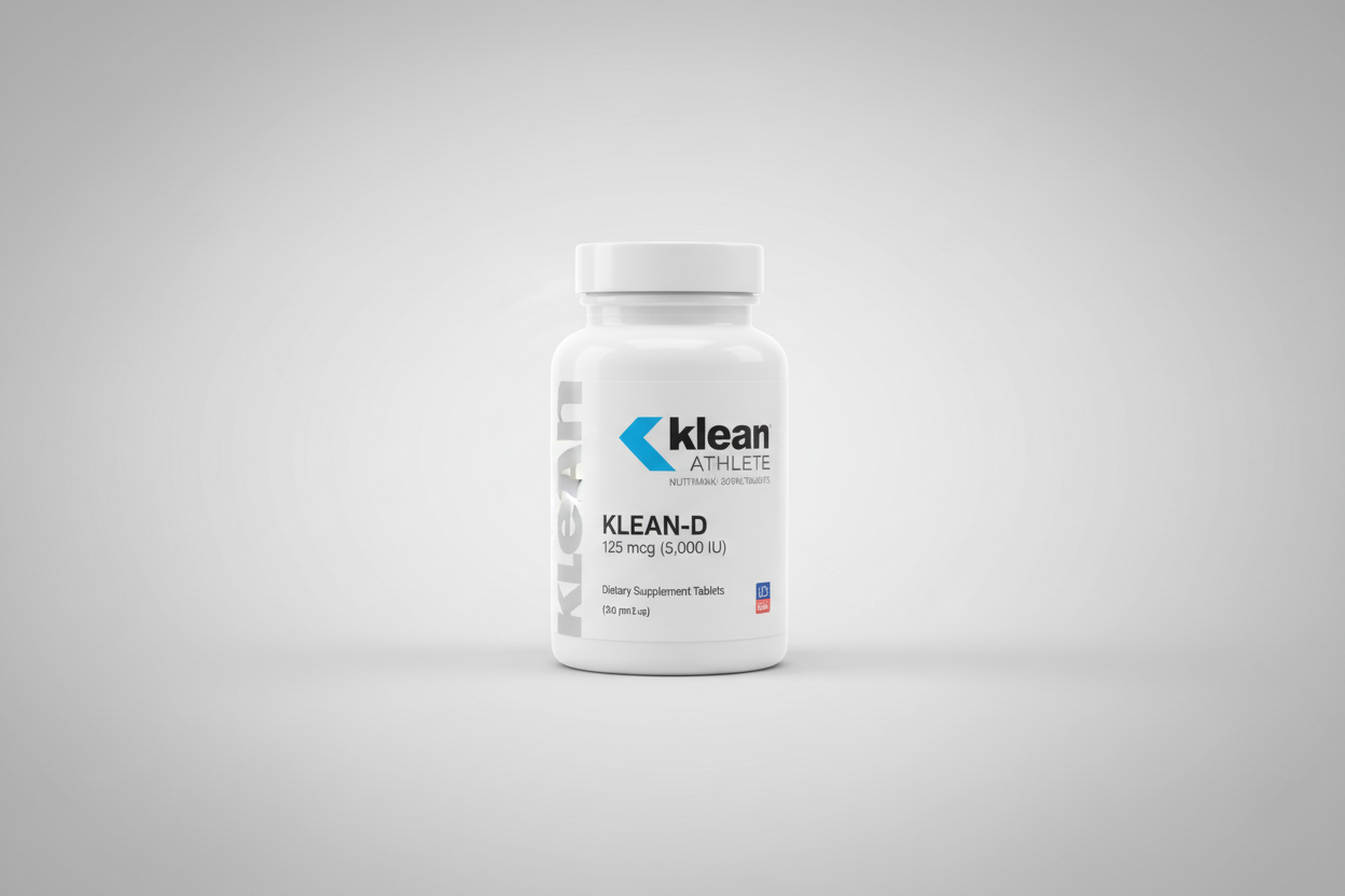 Supplement facts label with a hand holding a pill and Klean Athlete branding.