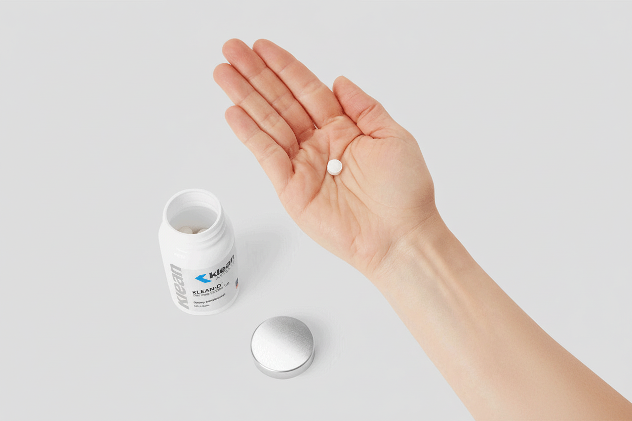 Hand holding a Klean Lab supplement pill with the container on a light gray background