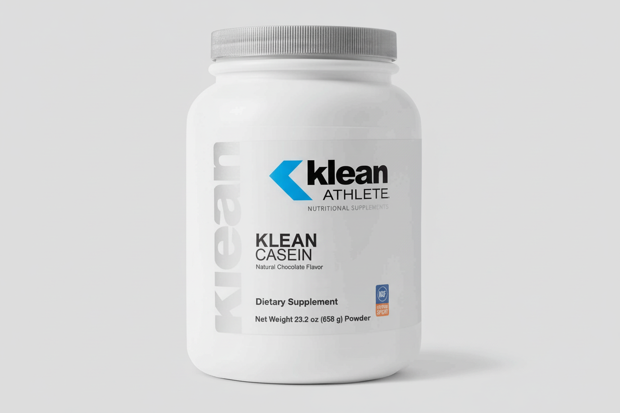 Klean Athlete Klean Casein dietary supplement container on a light gray background
