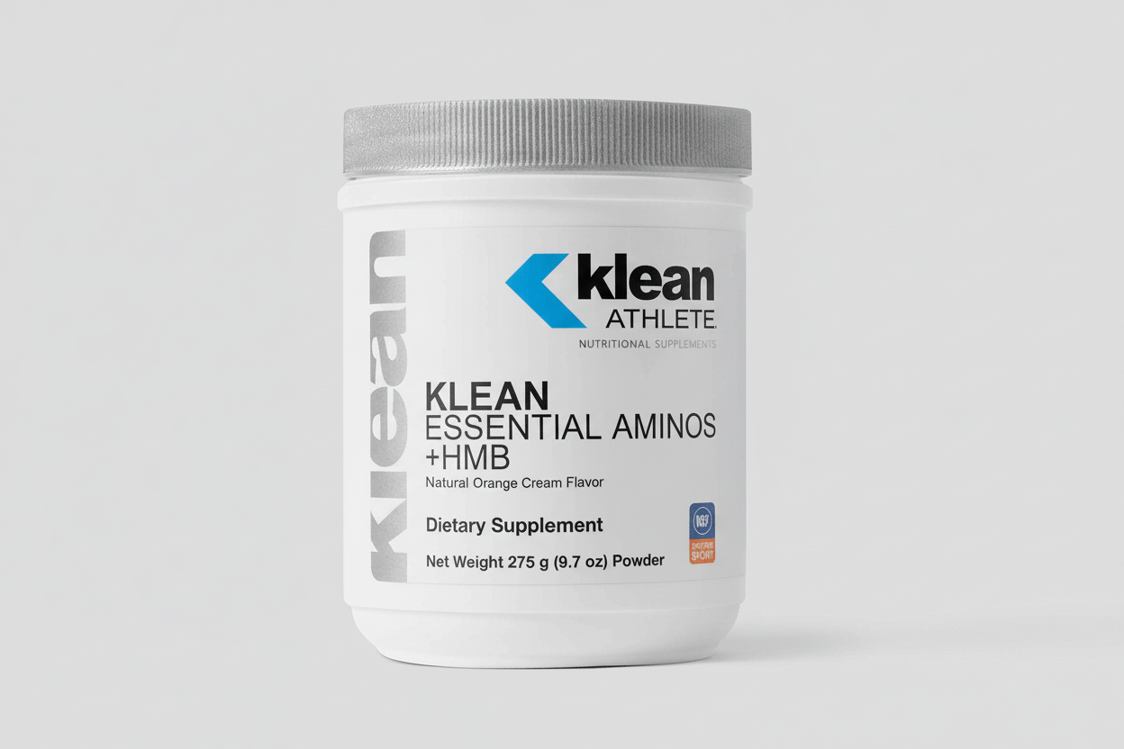 Klean Essential Aminos + HMB supplement container on a light gray background