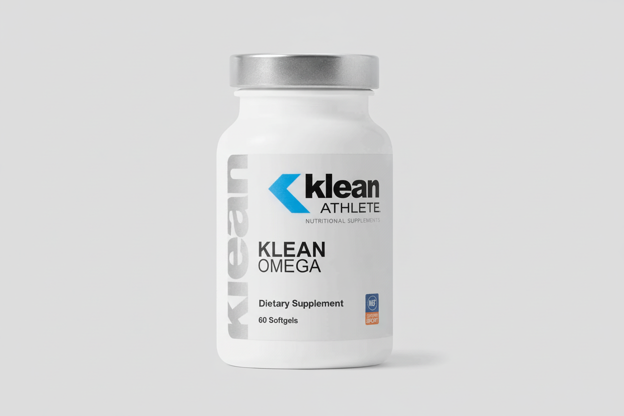 Klean Omega dietary supplement bottle on a light gray background