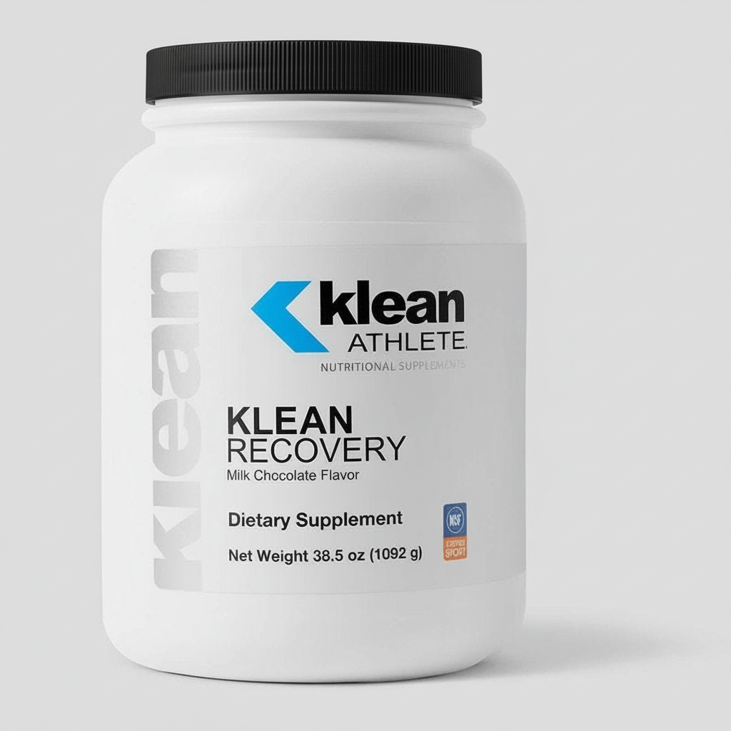 Klean Athlete Klean Recovery supplement container on a light gray background