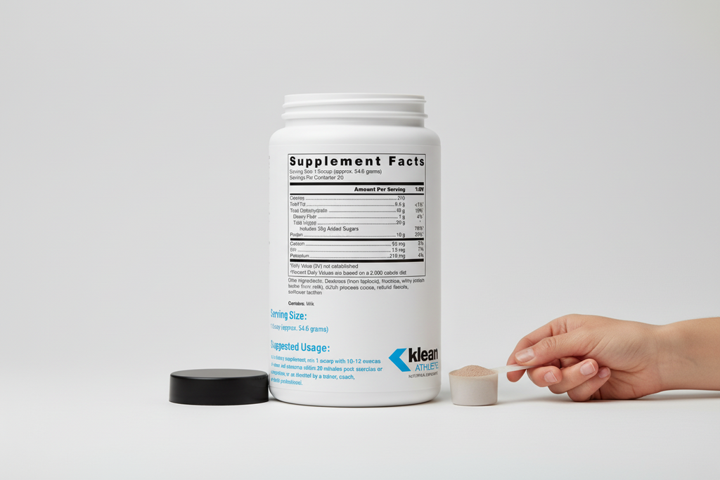 Supplement facts label for a protein product with a hand holding a scoop and container, featuring Klean Athlete branding.