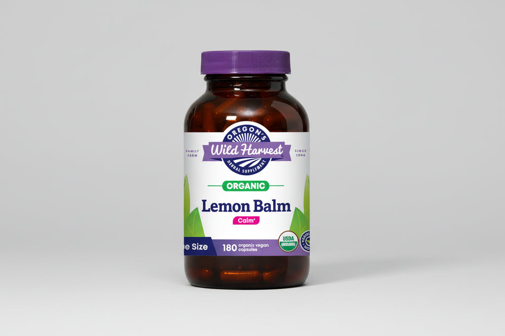 Oregon's Wild Harvest Organic Lemon Balm supplement bottle on a white background