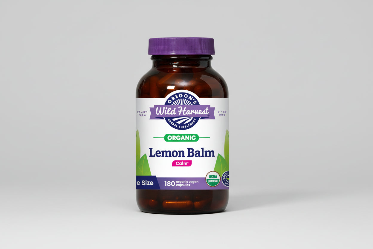 Oregon's Wild Harvest Organic Lemon Balm supplement bottle on a white background