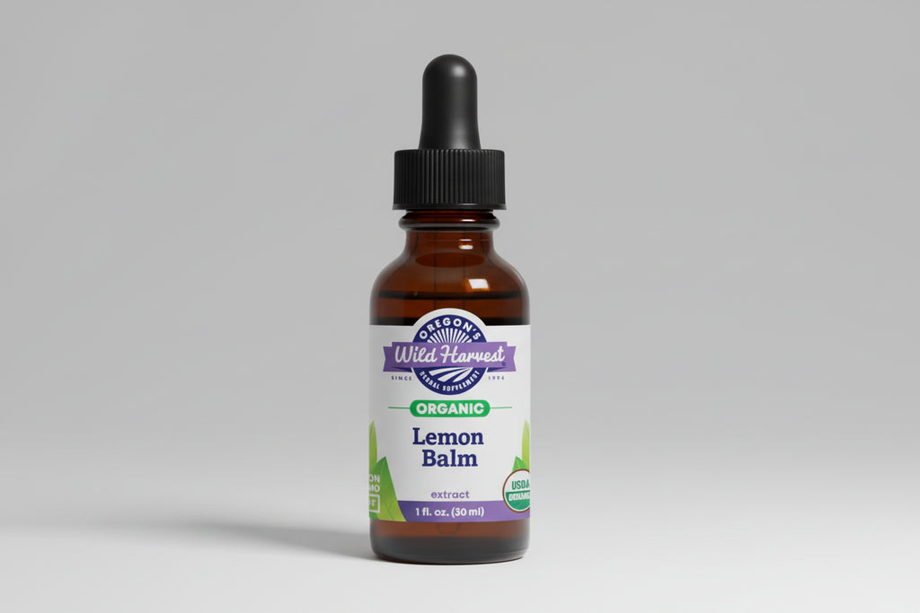 Bottle of Oregon's Wild Harvest Lemon Balm extract on a white background
