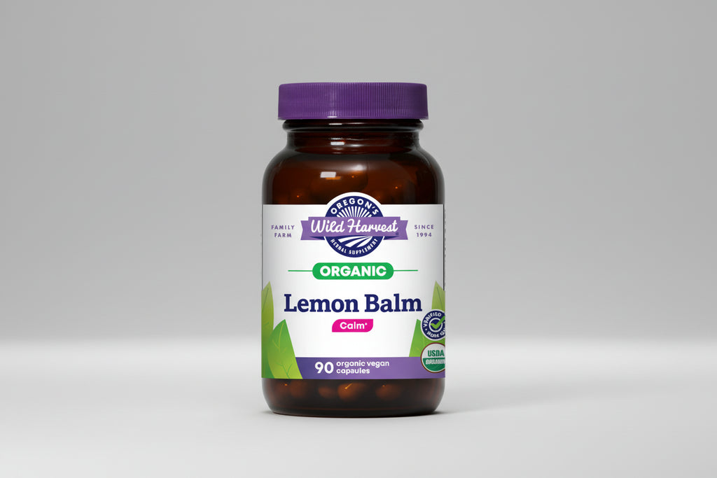 Oregon's Wild Harvest Organic Lemon Balm supplement bottle with purple cap