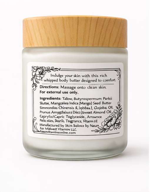 Glass jar with wooden lid containing a whipped body butter on a white background