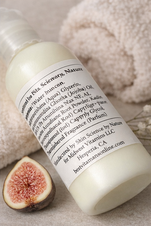 Skincare product bottle with label and fig on a textured surface