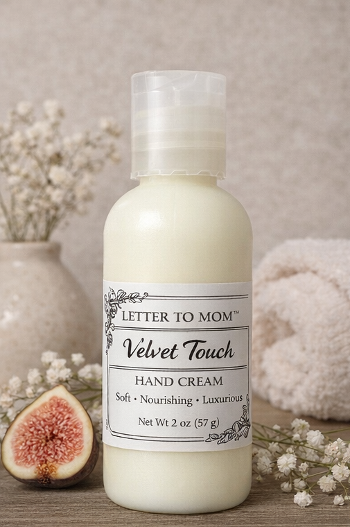 Hand cream bottle labeled 'Velvet Touch' by 'Letter to Mom' with decorative elements on a neutral background.