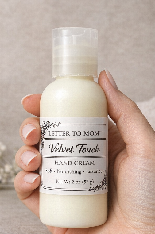 Hand holding a bottle of 'Letter to Mom Velvet Touch Hand Cream' with a neutral background