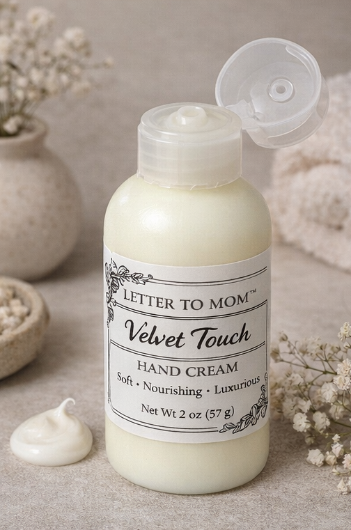 Hand cream bottle labeled 'Letter to Mom Velvet Touch' on a neutral background with decorative elements.