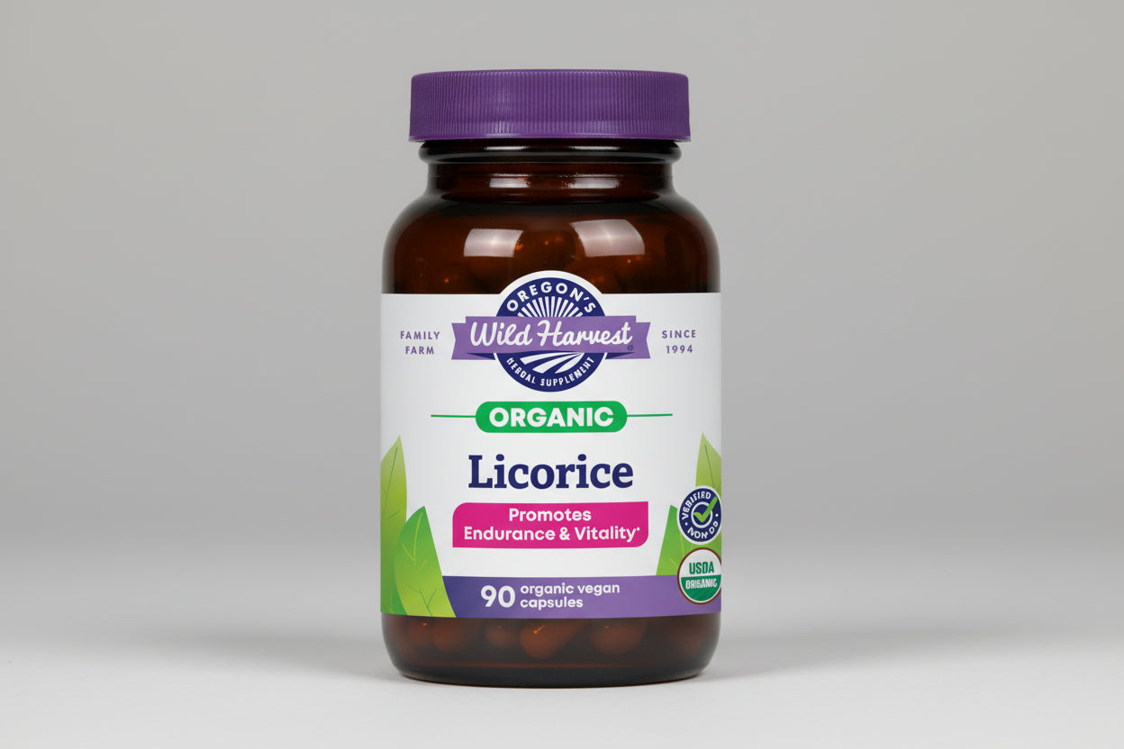 Oregon's Wild Harvest Organic Licorice supplement bottle with purple cap