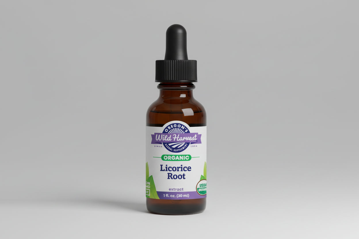 Bottle of Oregon's Wild Harvest Licorice Root extract on a white background