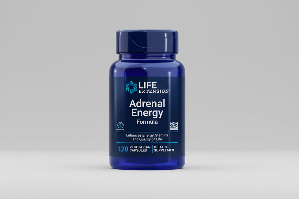 Life Extension Adrenal Energy Formula supplement bottle on a white background