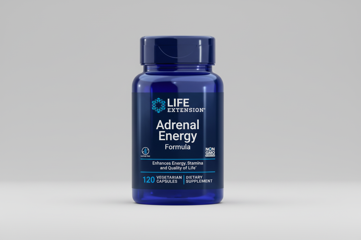 Life Extension Adrenal Energy Formula supplement bottle on a white background
