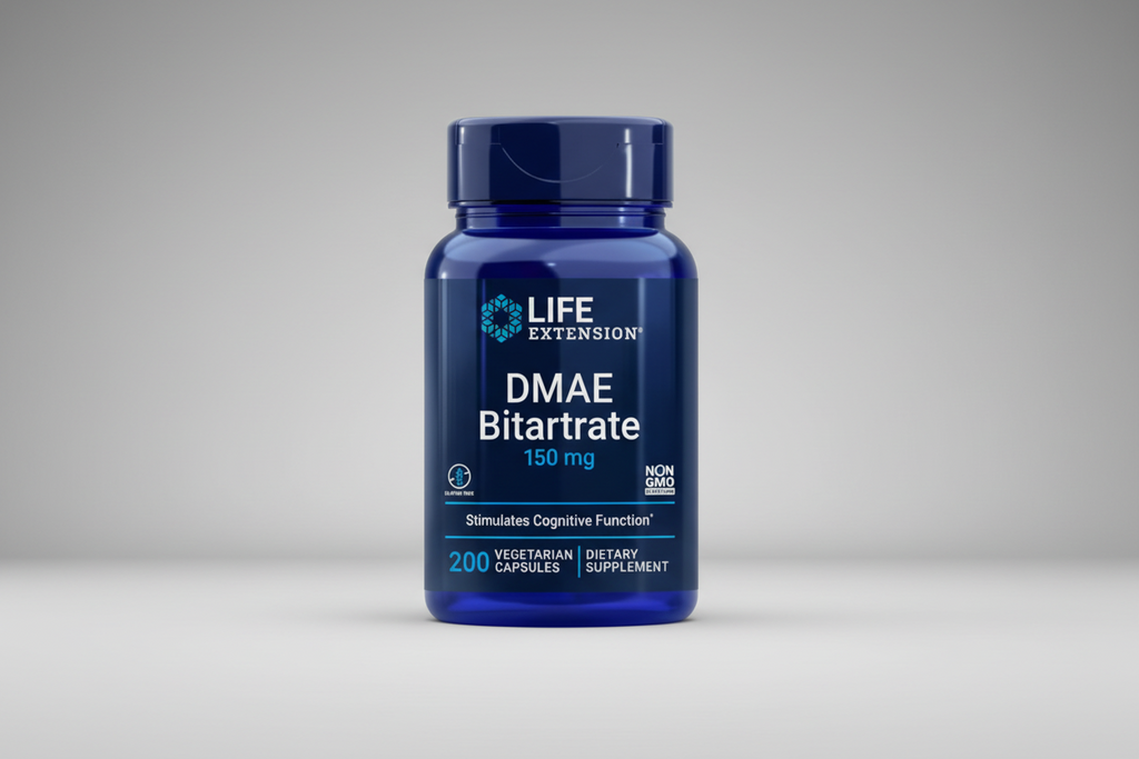 Blue supplement bottle labeled 'DMAE Bitartrate' by Life Extension on a white background