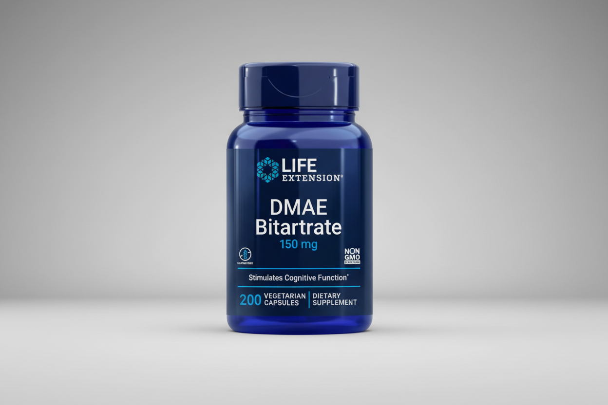 Blue supplement bottle labeled 'DMAE Bitartrate' by Life Extension on a white background