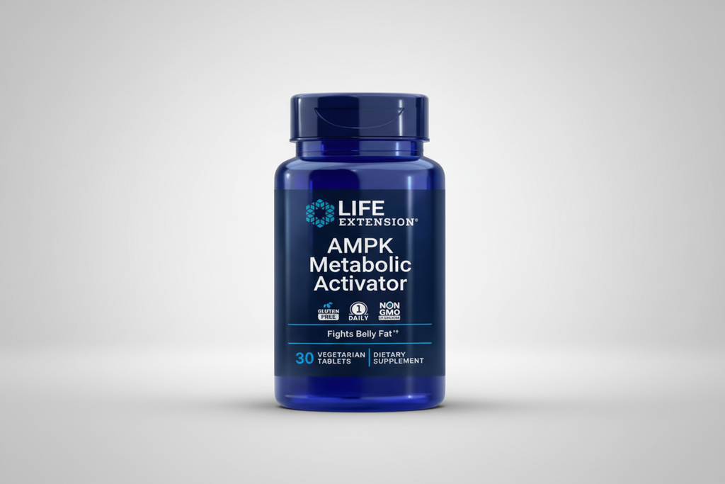 Life Extension AMPK Metabolic Activator supplement bottle on a black background