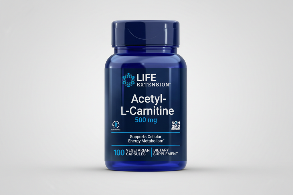 Life Extension Acetyl-L-Carnitine supplement bottle on a white background