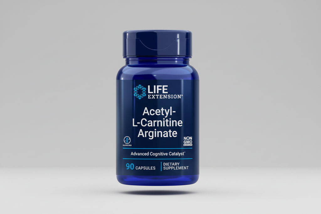 Life Extension Acetyl-L-Carnitine Arginate supplement bottle on a white background