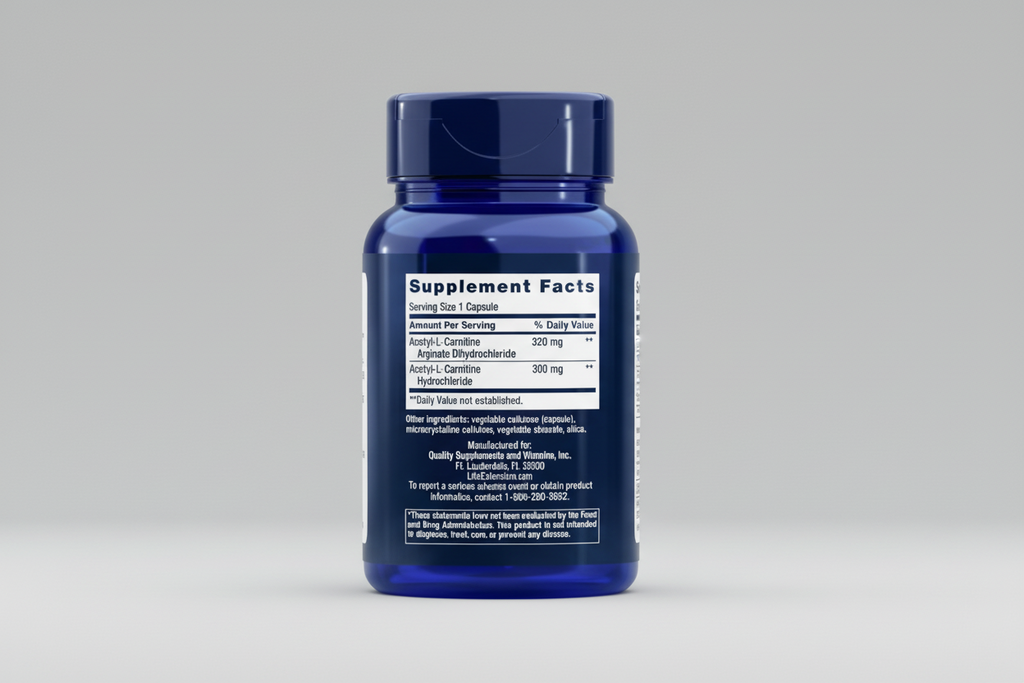 Blue supplement bottle with 'Supplement Facts' label on a white background
