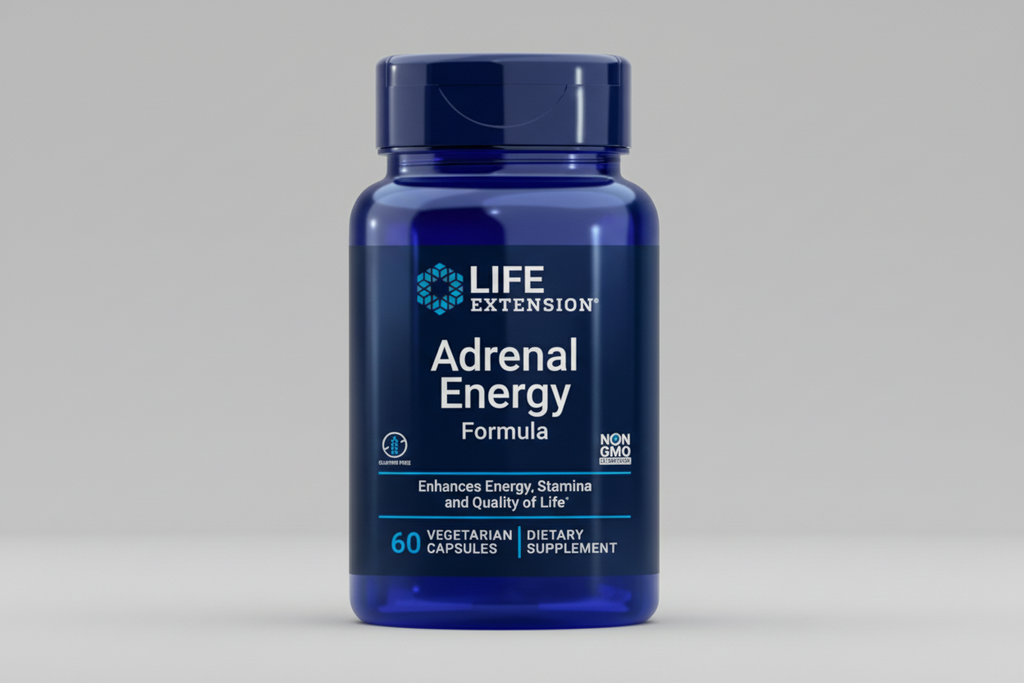 Life Extension Adrenal Energy Formula supplement bottle on a white background