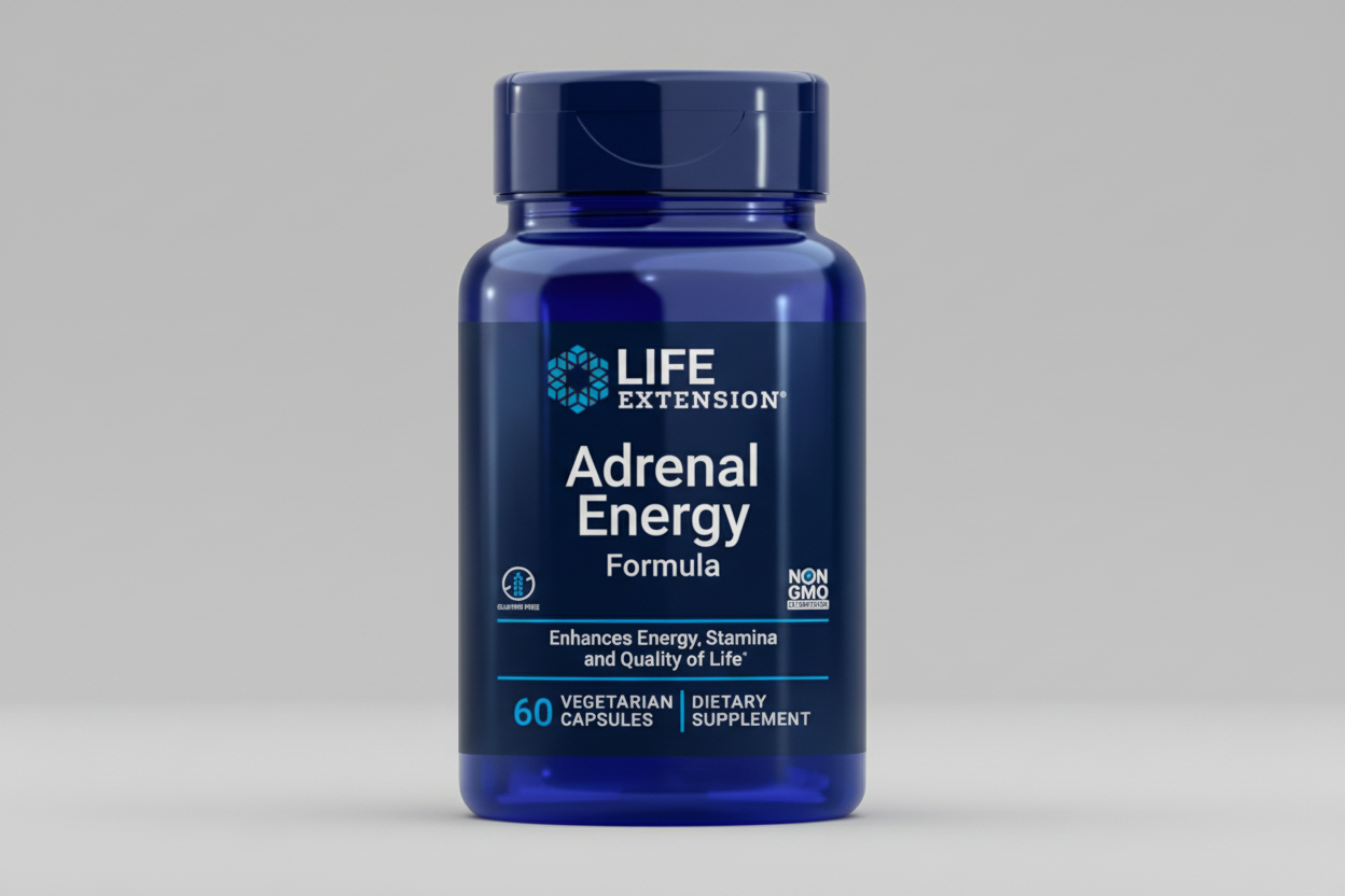 Life Extension Adrenal Energy Formula supplement bottle on a white background