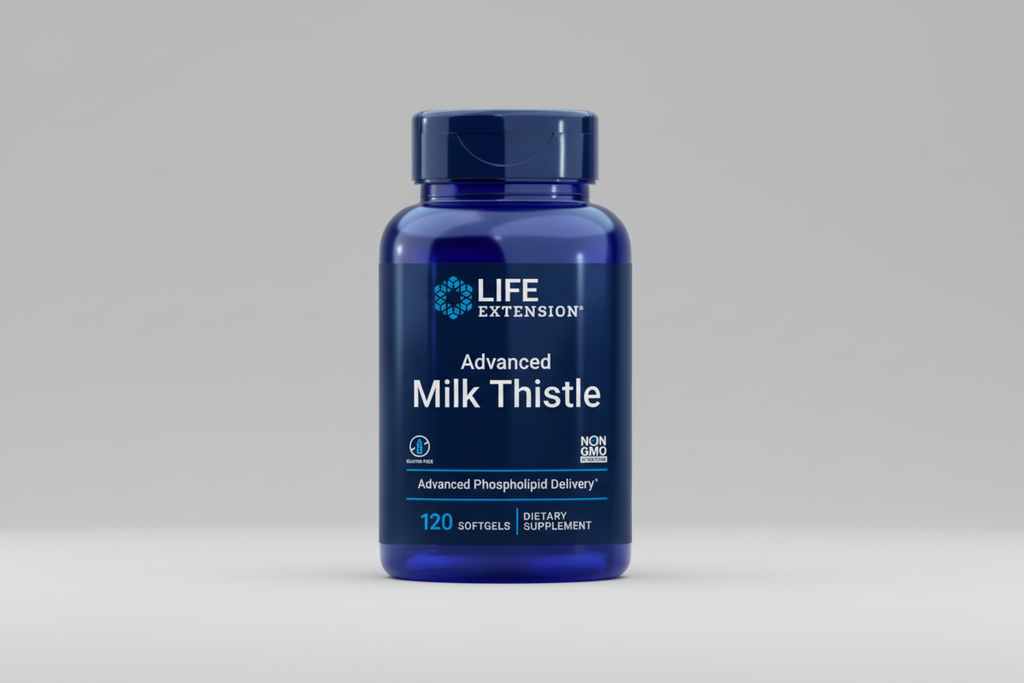 Blue bottle of Life Extension Advanced Milk Thistle dietary supplement on a white background