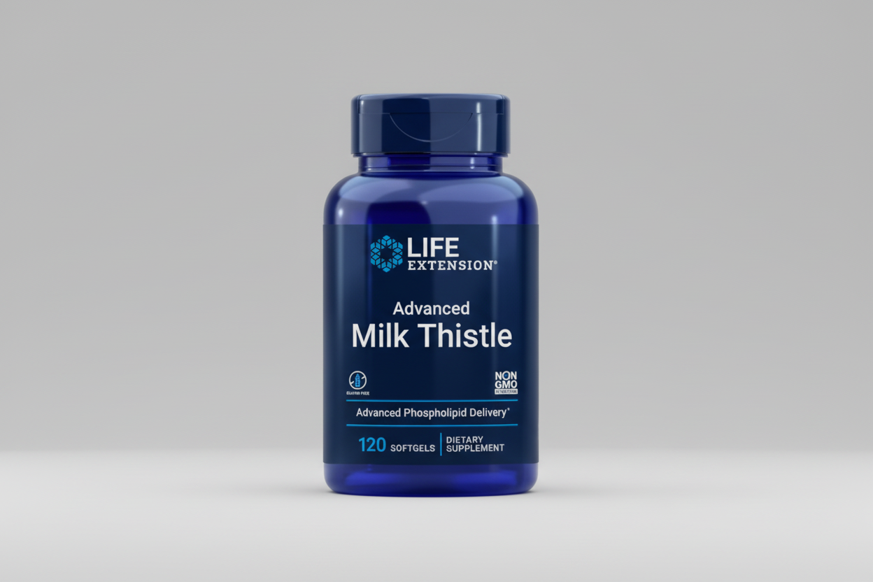 Blue bottle of Life Extension Advanced Milk Thistle dietary supplement on a white background